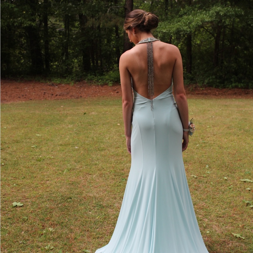 Mac Duggal Blue and White Backless Halter Prom Gown